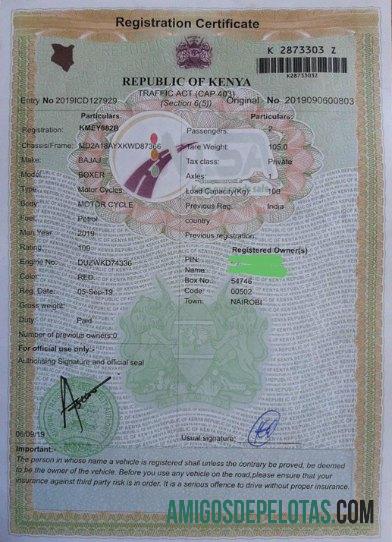 Kenya Vehicle Registration Certificate amostra